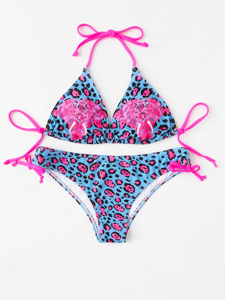 Romwe Elephant Print Self Tie Bikini Set