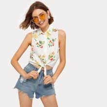 Romwe Knot Hem Fruit Print Blouse