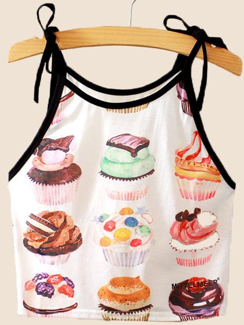 Romwe White Cake Print Contrast Trim Tie Shoulder Cami Top
