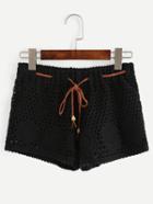 Romwe Braided Drawstring Waist Crochet Overlay Shorts - Black