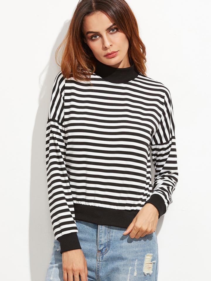Romwe Contrast Trim Striped Drop Shoulder Sweatshirt