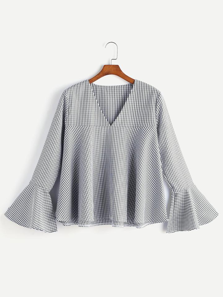 Romwe V Neckline Gingham Bell Sleeve Top