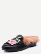 Romwe Black Rose Embroidered Pu Fur Trim Loafer Slippers
