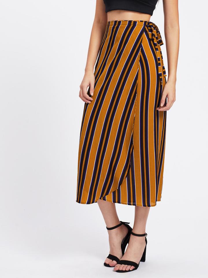Romwe Vertical Striped Tie Detail Wrap Skirt