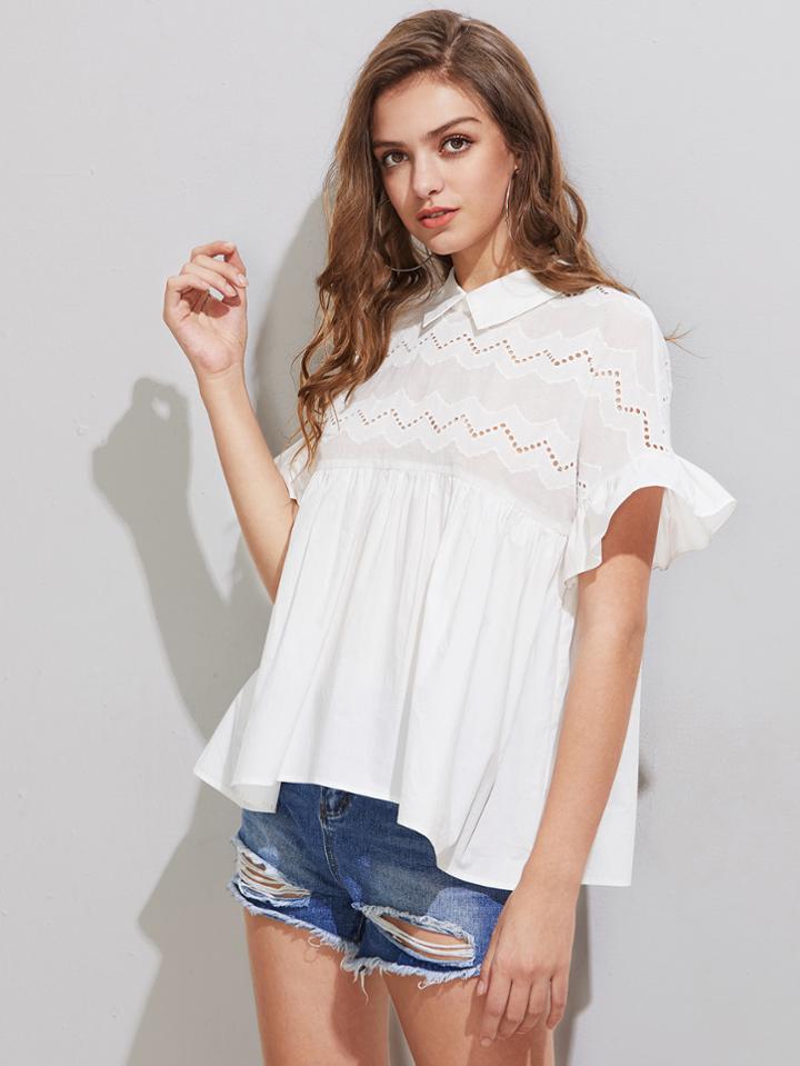 Romwe Eyelet Embroidered Yoke Frill Sleeve Tie Back Smock Top