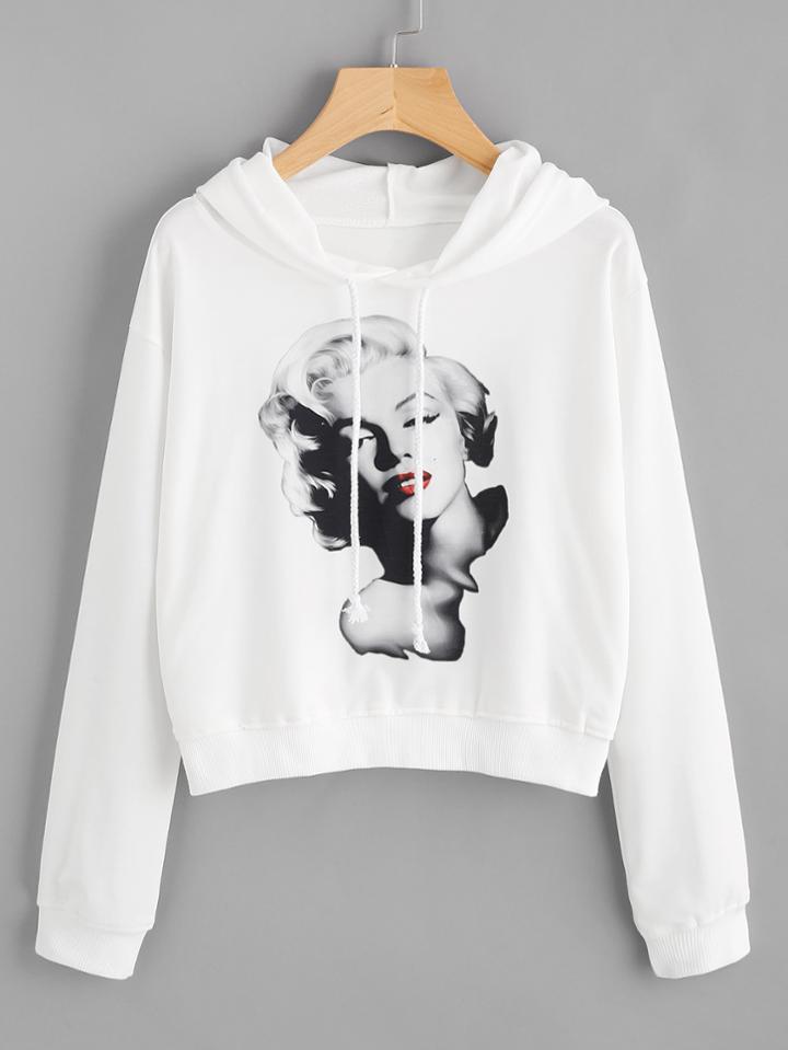 Romwe Monroe Print Drawstring Hoodie