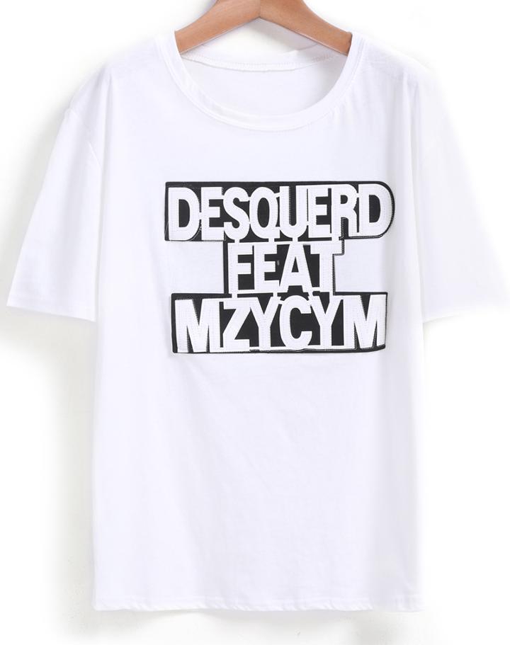 Romwe Letter Print Round Neck White T-shirt