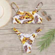 Romwe Random Leaf Print High Leg Bikini Set