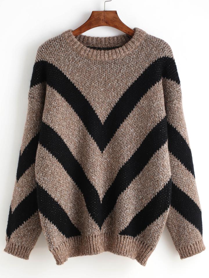 Romwe Chevron Print Loose Coffee Sweater