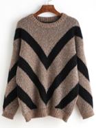 Romwe Chevron Print Loose Coffee Sweater