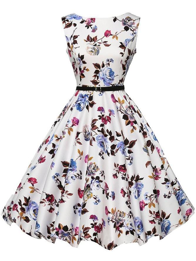 Romwe Flower Print Flare Dress With Belt