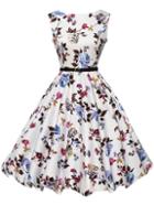 Romwe Flower Print Flare Dress With Belt