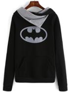 Romwe Hooded Bat Print Black Sweatshirt With Pockets