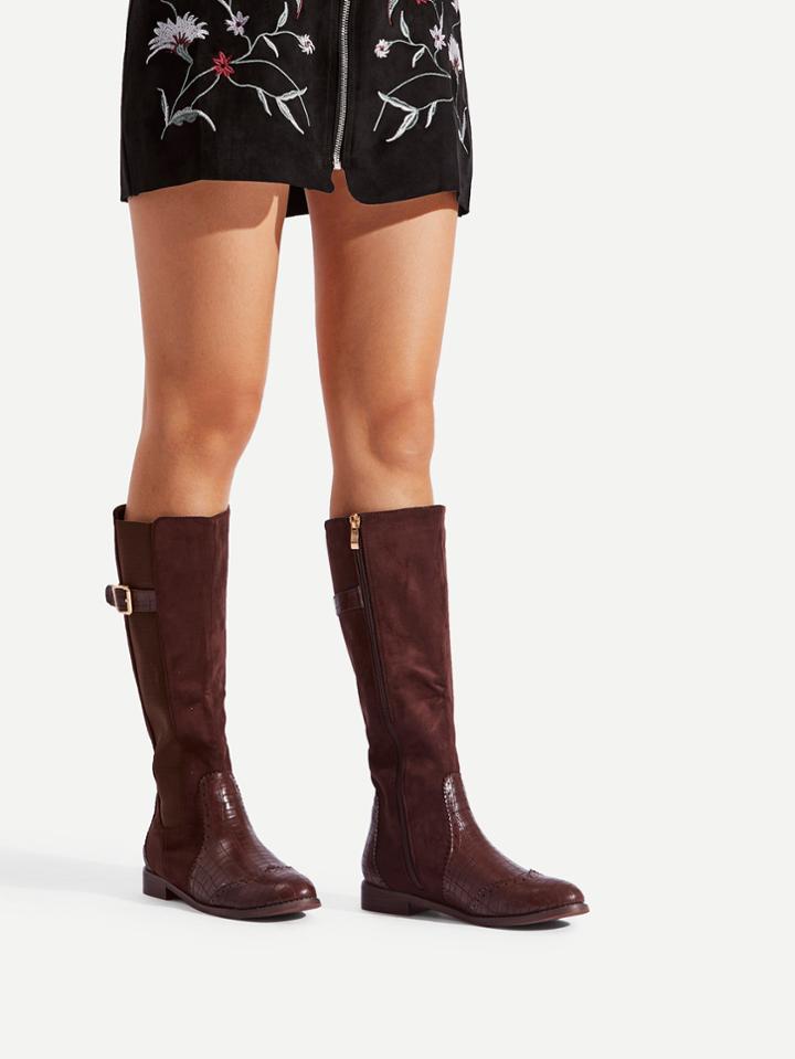 Romwe Buckle Detail Side Zipper Mid Calf Boots