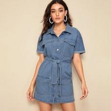 Romwe Flap Pocket Front Belted Shirt Denim Dress