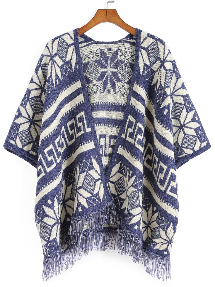 Romwe Snowflake Print Tassel Blue Coat