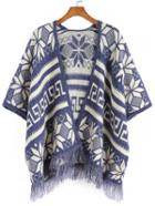 Romwe Snowflake Print Tassel Blue Coat