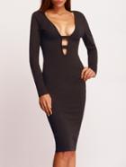 Romwe Black Deep V Neck Cut Out Sheath Dress