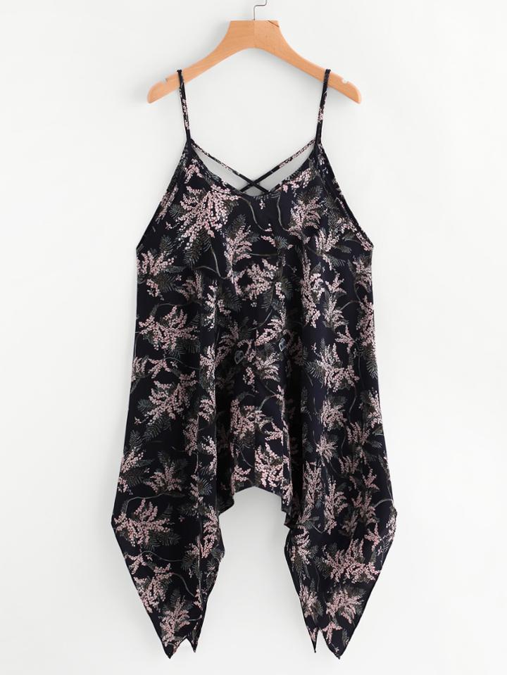 Romwe Random Asymmetric Hem Criss Cross Cami Top