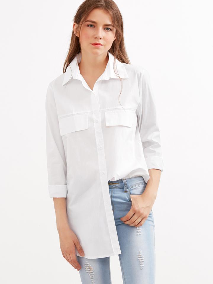 Romwe White Dip Hem Split Side Curved Hem Shirt