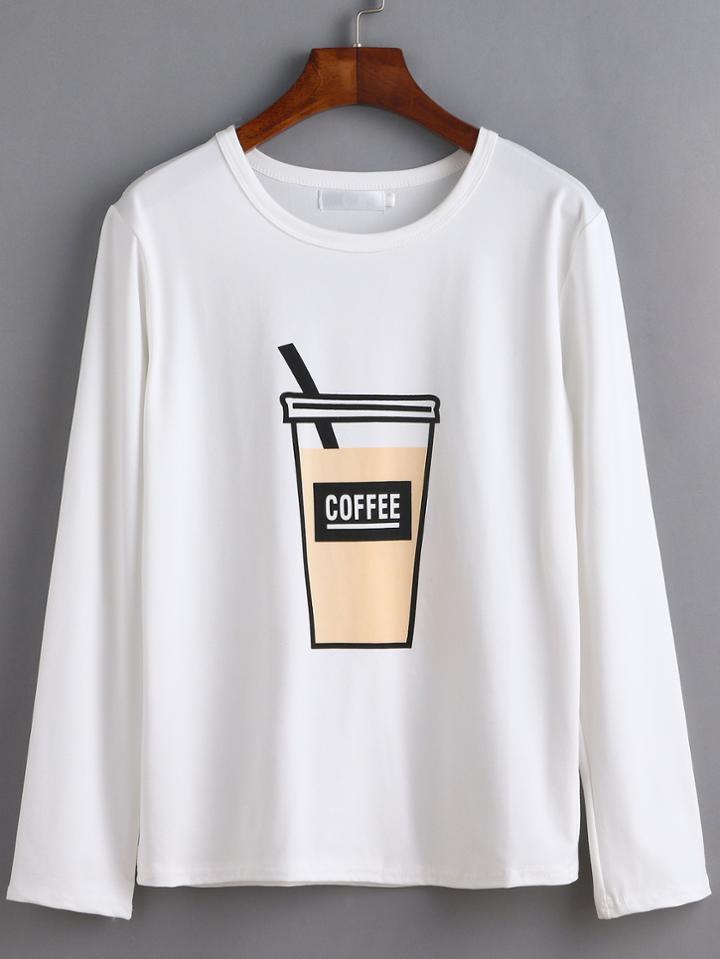 Romwe White Coffee Cup Print T-shirt