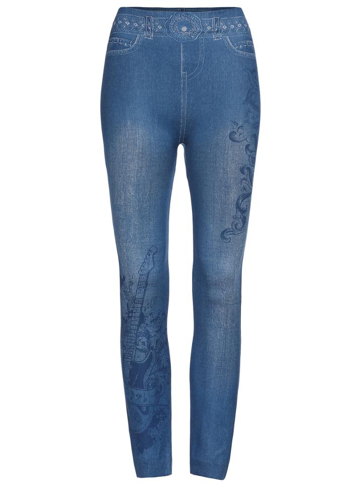 Romwe Flower Print Denim Blue Leggings