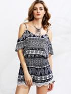 Romwe Black Ornate Print Cold Shoulder Lace Trim Romper