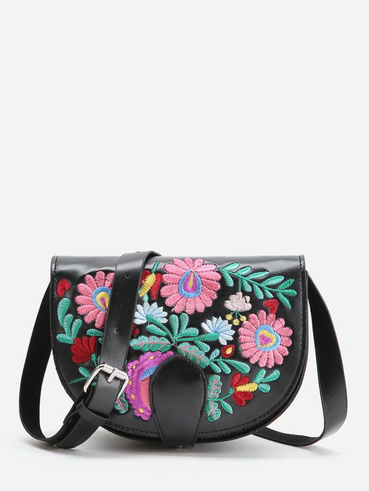 Romwe Black Flower Embroidery Pu Saddle Bag