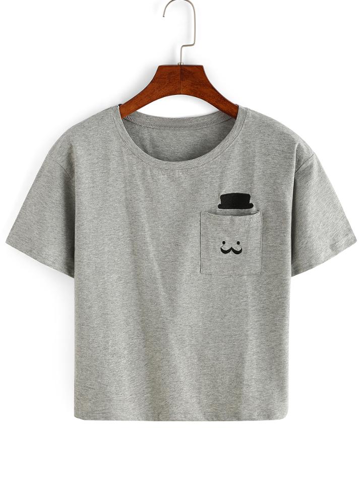 Romwe Embroidered Hat Man Pocket T-shirt - Grey