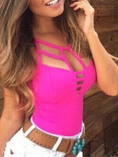 Romwe Spaghetti Strap Cut Out Rose Red Cami Top