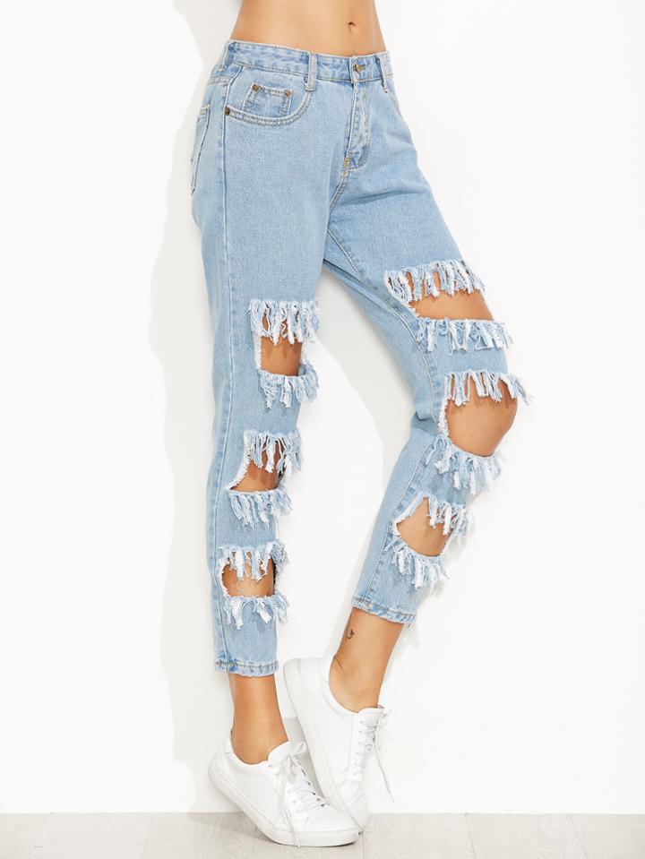 Romwe Blue Ripped Fringe Jeans