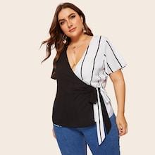 Romwe Plus Two Tone Wrap Tie Side Blouse