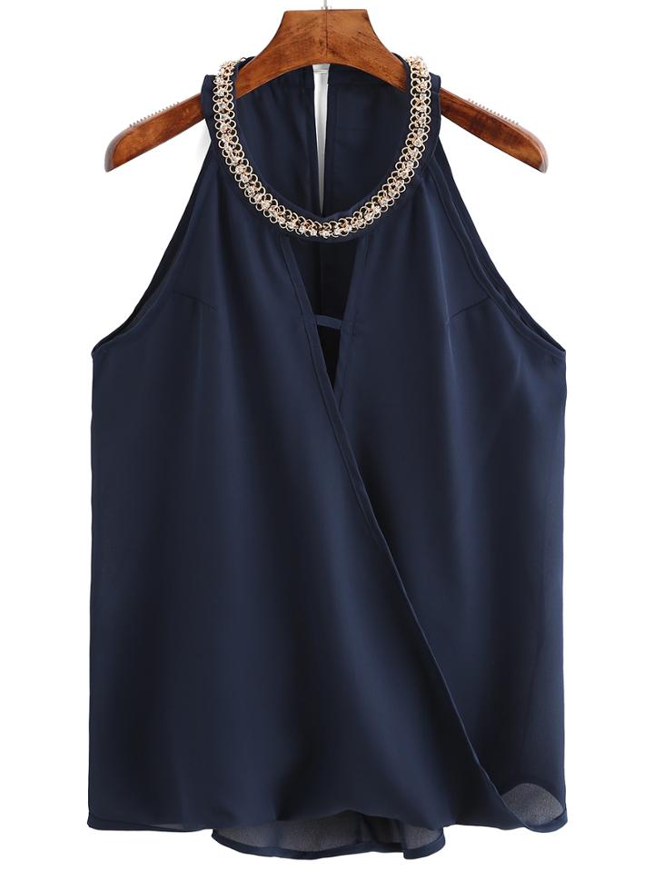Romwe Chain Embellished Keyhole Navy Tank Top