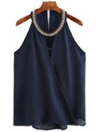 Romwe Chain Embellished Keyhole Navy Tank Top