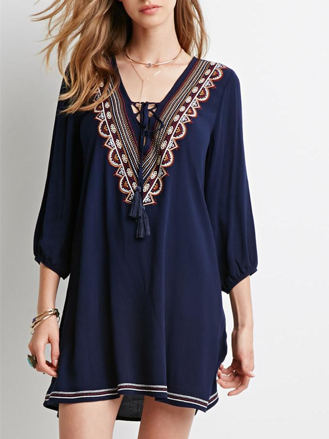 Romwe Navy Long Sleeve V Neck Embroidered Dress