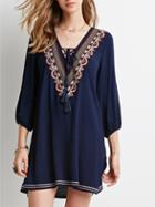 Romwe Navy Long Sleeve V Neck Embroidered Dress