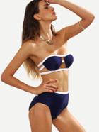 Romwe Navy Contrast Trim Bandeau Bikini Set