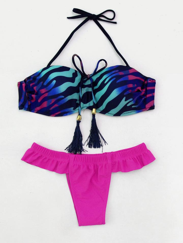 Romwe Printed Ruffle Trim Mix & Match Bikini Set