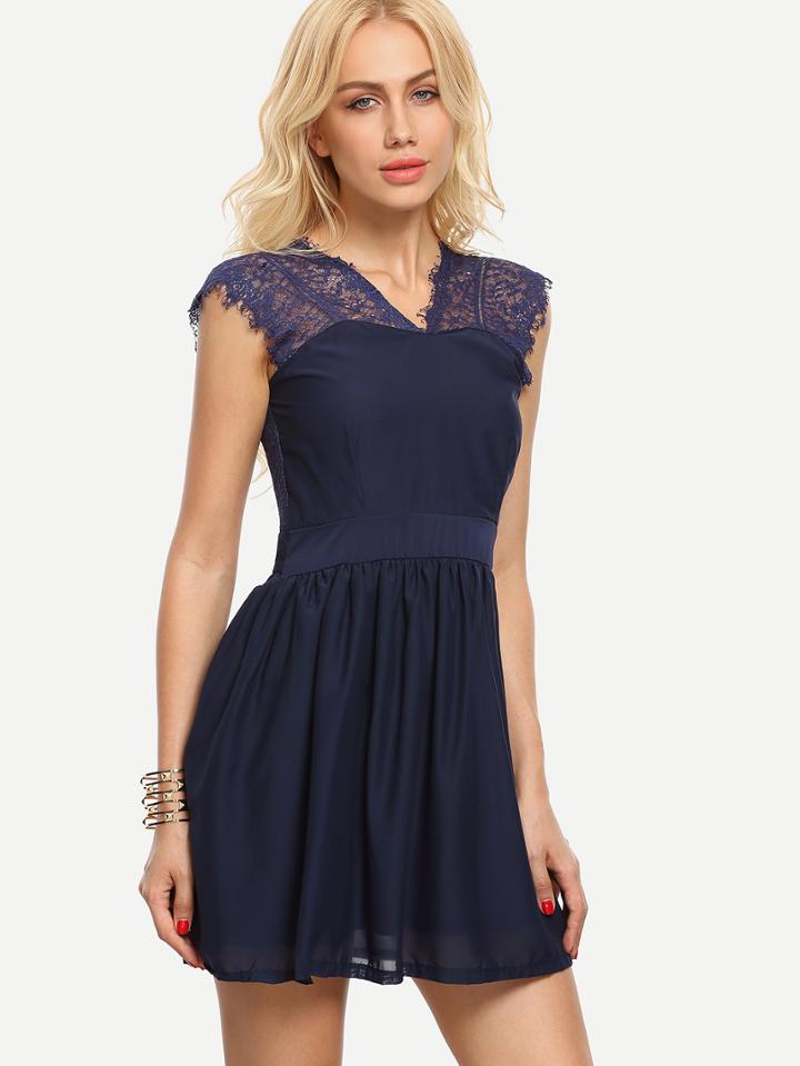 Romwe Lace Insert V-back Skater Dress - Navy