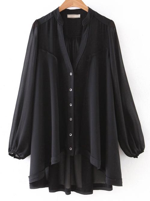 Romwe Black Long Sleeve Bottons Front Dipped Hem Blouse
