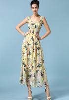 Romwe Strap Floral Chiffon Yellow Dress