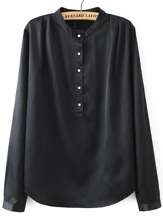 Romwe Stand Collar Black Blouse With Buttons