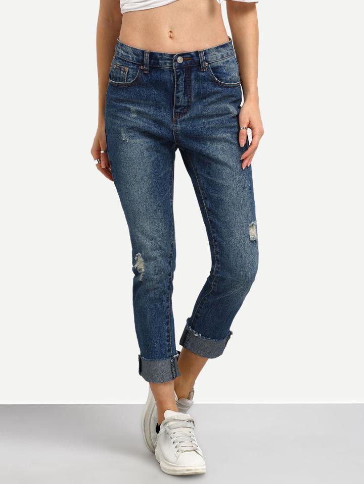 Romwe Blue Ripped Frayed Denim Pant