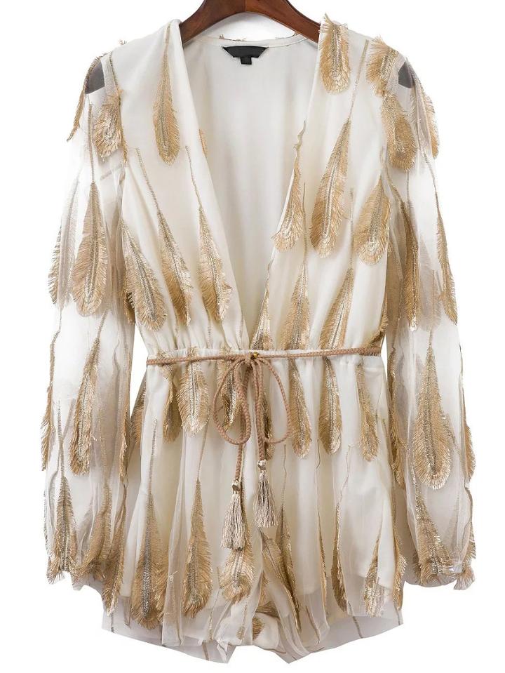 Romwe White Feather Detail Deep V Neck Self Tie Romper