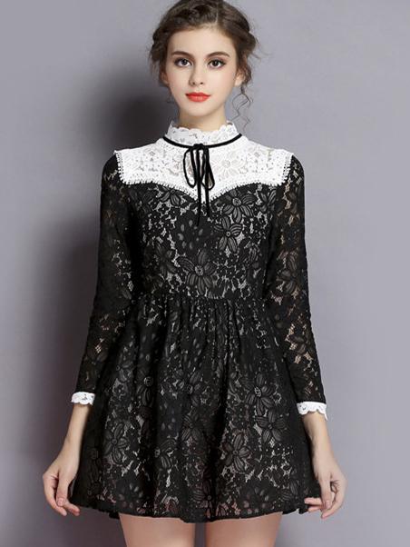 Romwe Black Stand Collar Long Sleeve Lace Dress