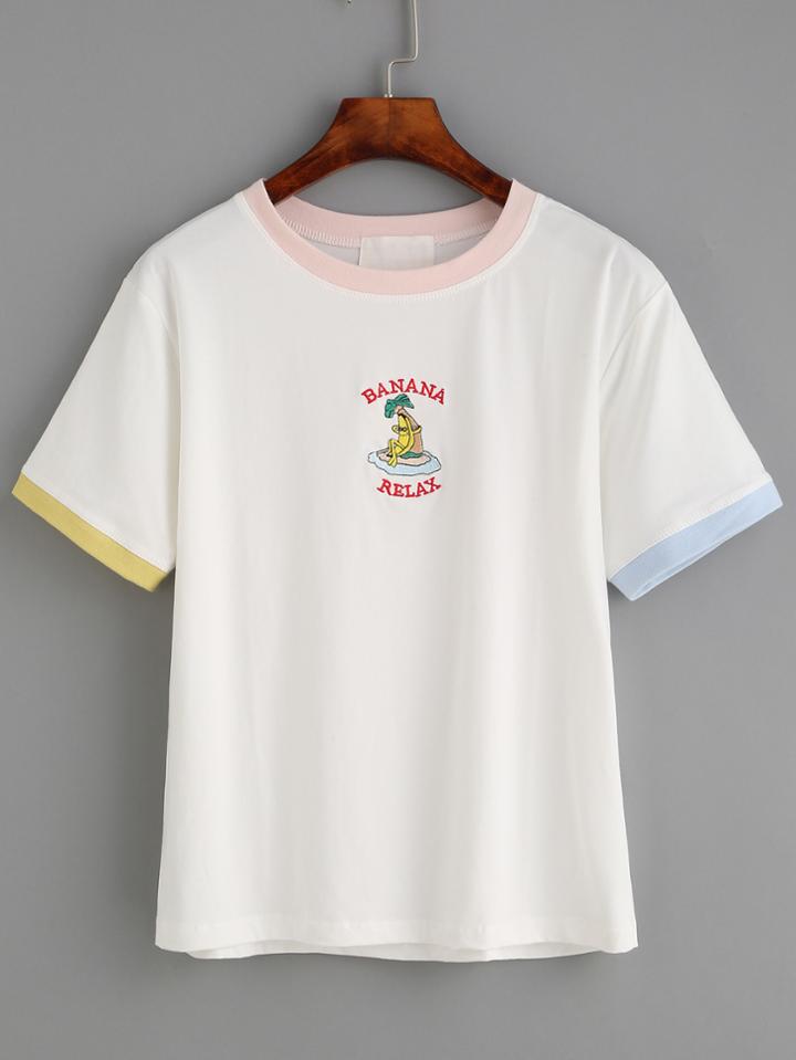 Romwe White Banana Embroidered Contrast Trim T-shirt