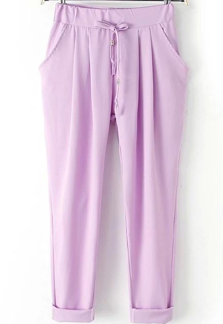 Romwe Drawstring With Pockets Harem Purple Pant
