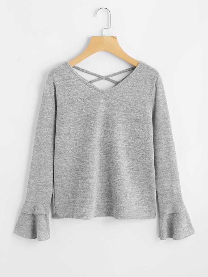 Romwe Tiered Cuff Criss Cross Back Marled Tee