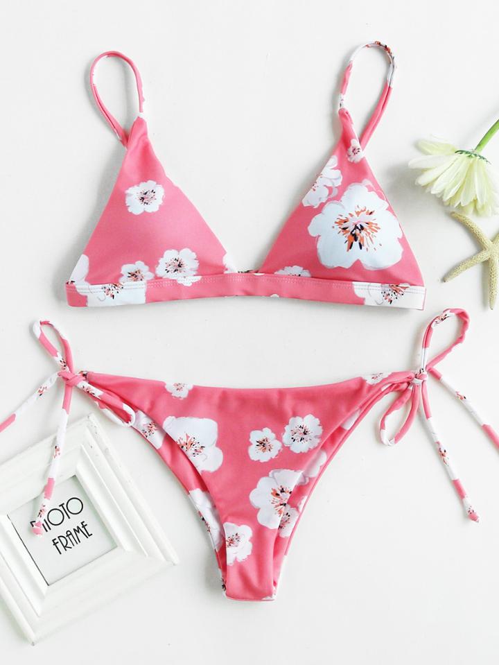 Romwe Flower Allover Print Tie Side Bikini Set