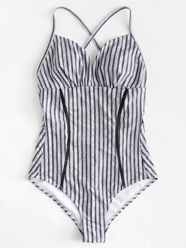 Romwe Lace Insert Cutout Back Striped Swimsuit